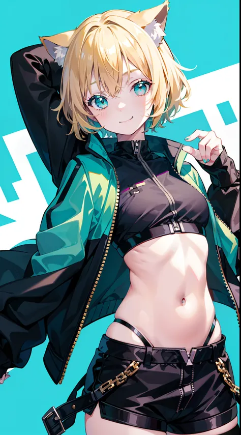 young girl, short blonde hair, turquoise eyes, Smile, cat ears, Black Top, black shorts, green jacket, open belly, zipper, Masterpiece, hiquality, 4k, HD, Good detail