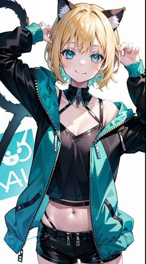 young girl, short blonde hair, turquoise eyes, Smile, cat ears, Black Top, black shorts, green jacket, open belly, zipper, Masterpiece, hiquality, 4k, HD, Good detail