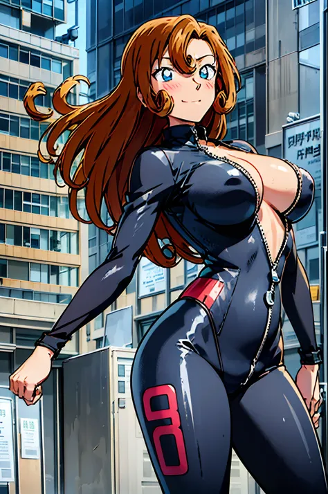 poster, anime style, hires ((motorcycle)), (female biker), (slender body), mature woman, milf, (half zipped, catsuit, biker suit...