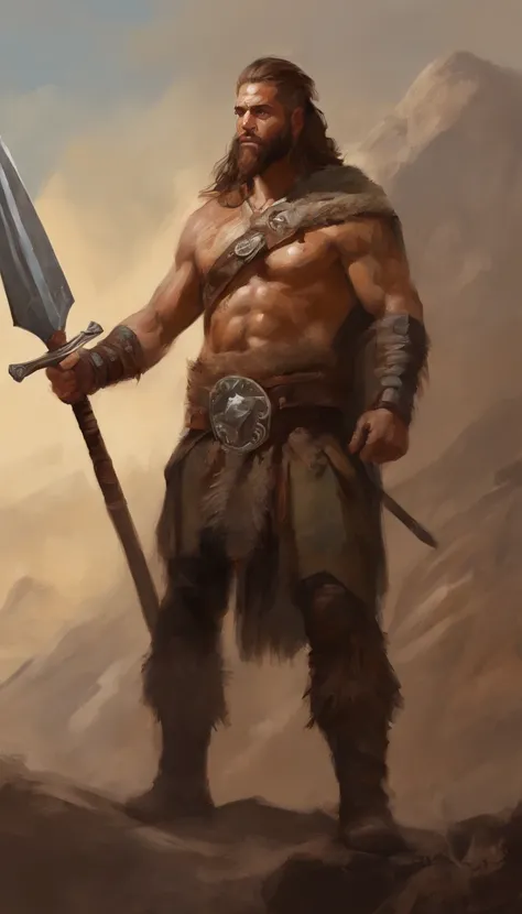 male in a brown outfit with a horned head and a sword, highly detailed character, viking warrior, epic viking king, norse ancient epic hero, muscular long haired with tattoo Philippine God of War, modelshoot style, (extremely detailed CG 8k wallpaper), bod...