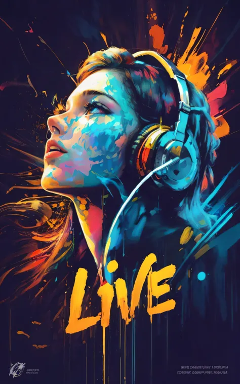 a painting of a woman with headphones on her head, music is life, poster artwork, cores vivas, extremely high quality artwork, music poster, concerto ao vivo, arte colorida do filme, Arte de Alessandro Pautasso, estilo de arte do cartaz, poster illustratio...