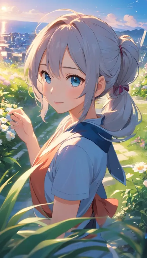 Best quality at best，tmasterpiece，The is very detailed，Face details，8K, detailed back ground，1girll，独奏，Silver hair，eBlue eyes，pigtails，long whitr hair，wavey hair，voluminous hair，pony tails，french braid，Blushlush，ssmile，Shawl，Chinese city，Chinese service，th...