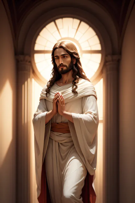 a high-definition image of Jesus Christ in a serene and majestic pose. Make sure the image is rich in detail and vibrant cores, capturing the essence of peace and personality. You can include elements such as an aura of soft light around it and a suitable ...