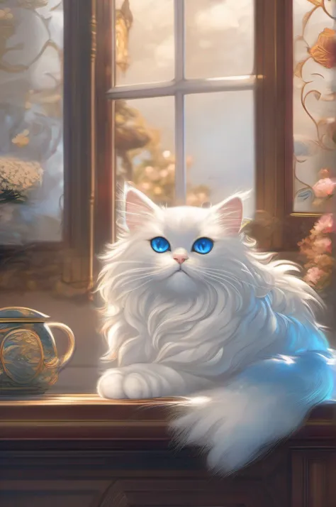 Blue-eyed cat sleeping on table,there is a cat on it,Digital Painting,illustration of a cat on it,Anime Cats,white fur and blue eyes,anime visual of a cute cat,Digital Illustration Style,No line,a cute little cat,White cat,realistic anime cat,anthropomorph...