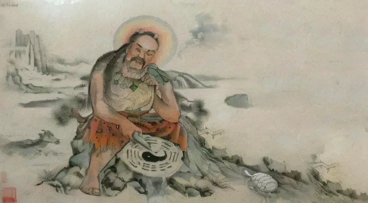 Chinese creation mythological scene, 5 characters in total：An old man with a white beard，sitting on the stone，Wearing animal skins，A turtle next to it，Surrounded by landscapes，Ancient Chinese mythological environment，4 Extreme details，Chinese books《Chinese...