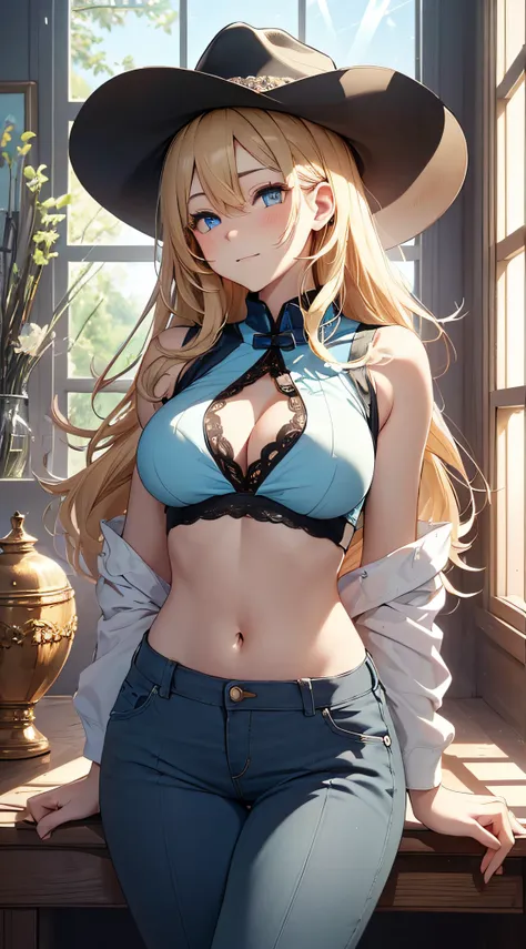 top-quality、Top image quality、​masterpiece、girl with((18year old、 White navel tank top、Black vest、Blue long pants、Best Bust、Bust 85、a blond、Semi-long、Cowboy Hat、Blue eyes、open chest wide、Valley、Happiness、A slender、Shy face)）hiquality、Beautiful Art、Backgrou...