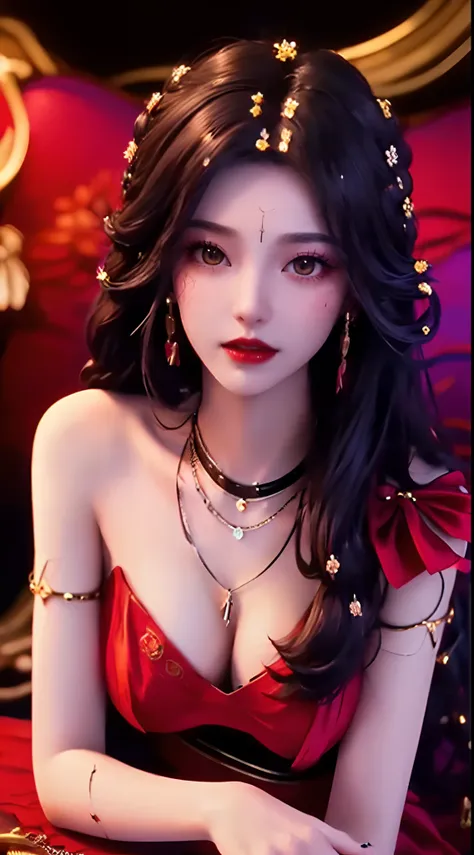 1 beautiful and sexy 20 year old girl, ((wearing a super thin red dress:1.6)), dress with diamonds, ((long purple-black hair:1.6)), bangs, elaborate jewelry made from stones noble and beautiful hair, ((wearing a black lace necklace:1.4))), noble, noble sty...