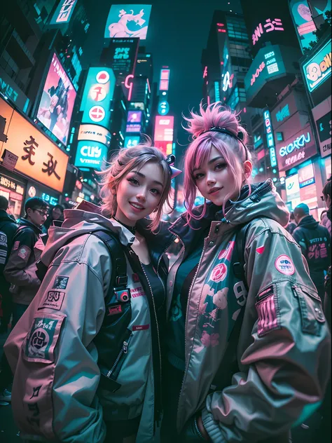 ((2 cyberpunk girls wearing Harajuku tech jackets)), fisheye, selfie, cowboy shot, wind, messy hair, cyberpunk cityscape, (aesthetics and atmosphere:1.2),smiling