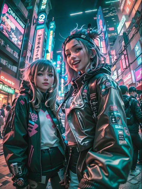 ((2 cyberpunk girls wearing Harajuku tech jackets)), fisheye, selfie, cowboy shot, wind, messy hair, cyberpunk cityscape, (aesthetics and atmosphere:1.2),smiling