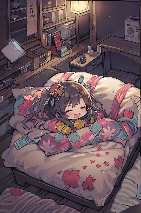 masutepiece, Best Quality, 1 girl, Solo, effect, Dark background, Sleeping in bed with a happy face,Chibi,Wrapped in a futon