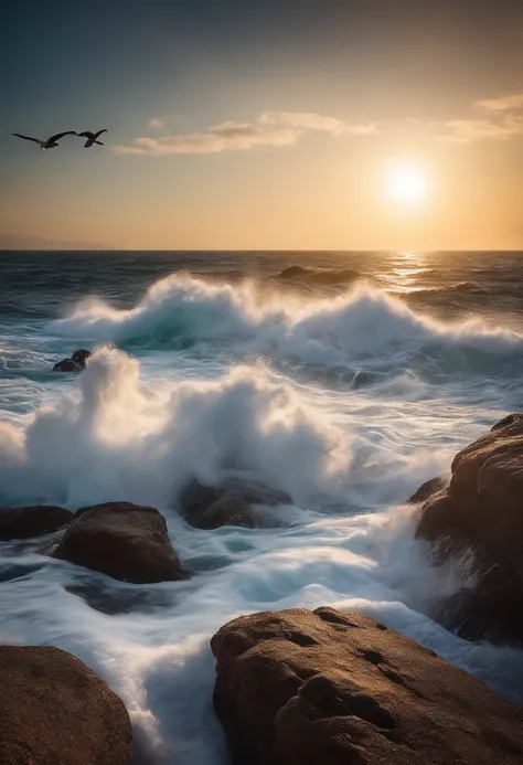 A dramatic scene of ocean waves crashing against the rocks with the sun. gleaming and a couple of seagulls in the sky.