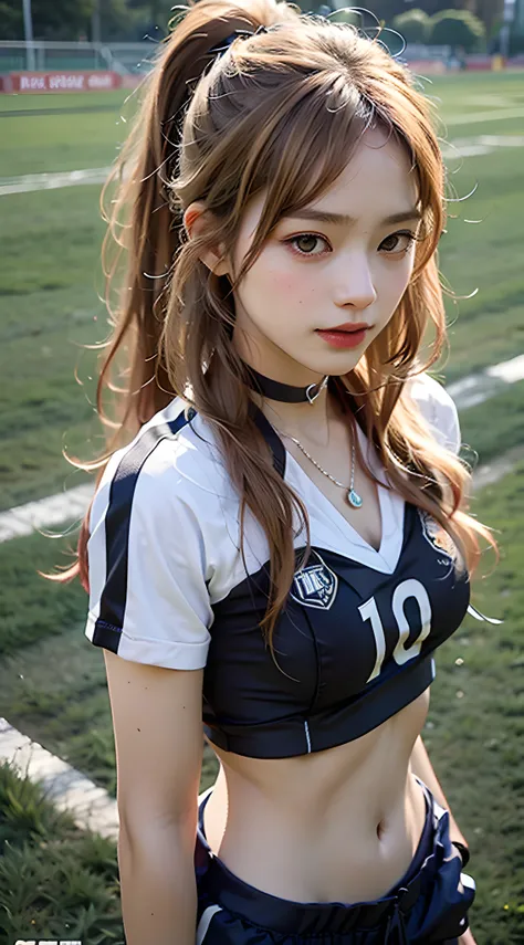 Kitagawa Marin, 1girl, blonde hair, long hair, multicolored hair, red eyes, jewelry, necklace, choker, ponytail, beautiful woman, beautiful, perfect body, perfect breasts, wearing a soccer jersey, soccer pants, soccer shoes, in the middle football field, l...