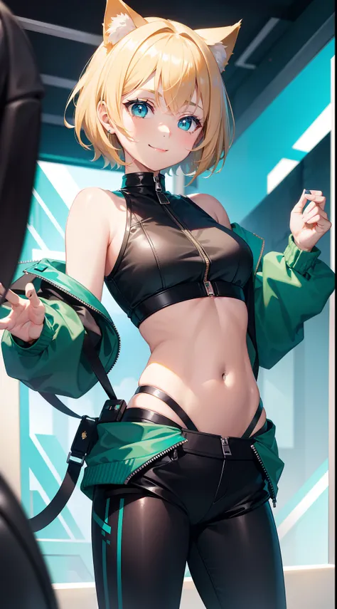 young girl, short blonde hair, turquoise eyes, Smile, cat ears, Black Top, black shorts, green jacket, open belly, zipper, Masterpiece, hiquality, 4k, HD, Good detail