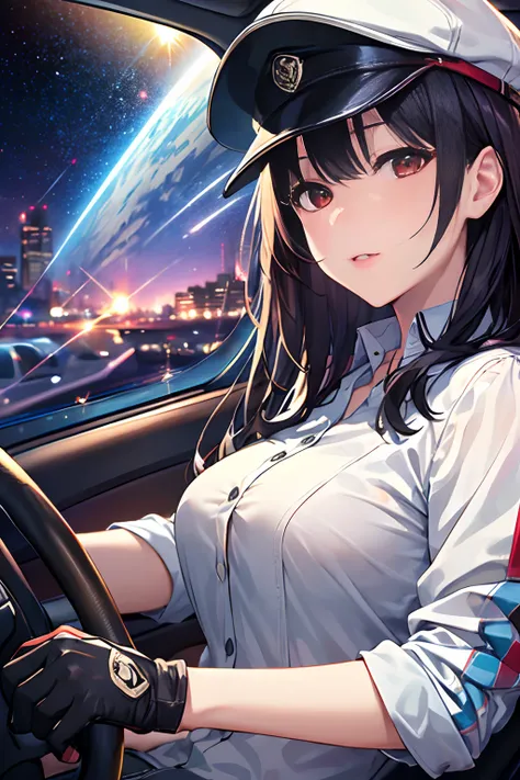 (masterpiece, best quality)1.2, very detailed, 4K, solo, 1 girl, beautiful face, looking at viewer, black hair, driver cap, driver gloves, red eyes, driving a taxi, space, taxi interior