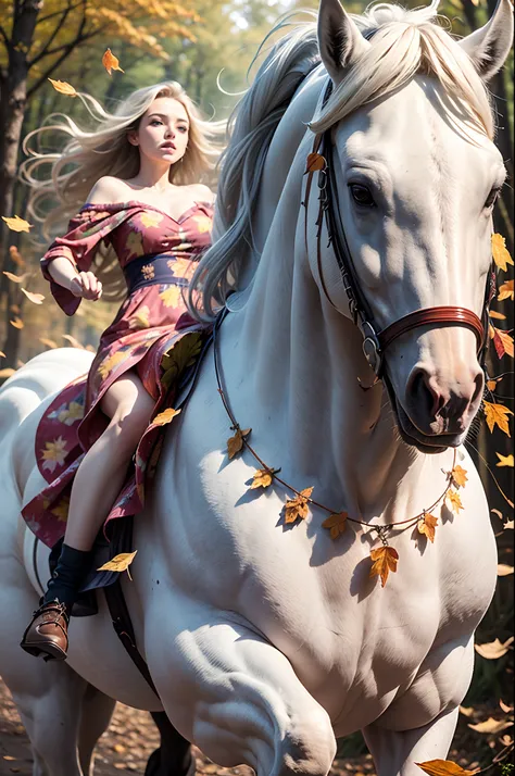 (8K, 16K, Award Winning, Top Quality, High Resolution, Super Detailed, Textured Skin, Anatomically Correct, Photorealistic, Live Photography, Mastepiece: 1.3), (Princess in a dress riding a white horse 1.3), white horse running in the forest, autumn leaves...