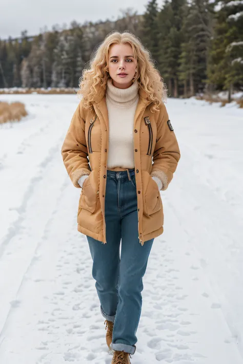 1blonde-haired woman 24 years old, photorealistic, 24 years old, beautiful and flawless, masterpiece, 8k, curly hair, long face with small freckles dotted on cheeks, hazel eyes, walking on snow, fit body, wearing winter jacket