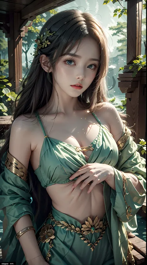 1 20-year-old girl, fairy princess, green clothes, nature clothes, nature panorama, sweet, beauty gril, twin sister. (Nature elemen), ( nature particel),( angry expresion)