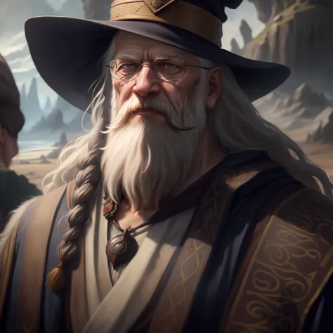 masterpiece, best quality, 8k, artstation, sharp focus, high details, raw photo portrait of very old elder wizard, long beard, long hair, wizard robe, wizard hat, (in epic fantasy environment:1.2), (oil painting:1.2),