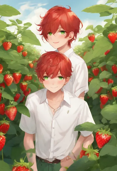 Best Quality, 超A high resolution, 1 boy, Red hair, Green eyes, short and thin body, Wearing a white shirt and shorts, ((shy expression)), Strawberry field