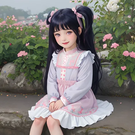 srs masterpiece best quality ultra-detailed finely detail highres ((little female child)) two side up long dark blue hair pink r...