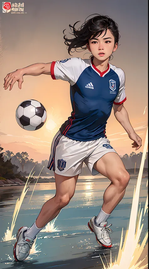 (Best quality,A high resolution,Ultra-detailed,Realistic:1.2),2023 Asian Games,soccer player,（Promotional advertising）。