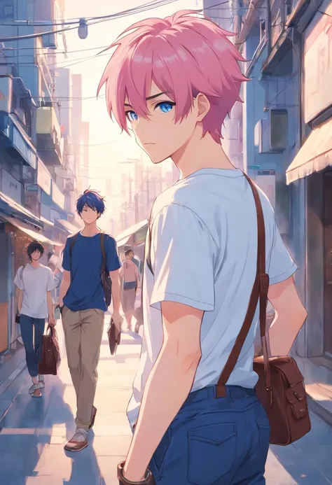 Very handsome men, short pink hair with spiky, , blue eyes, dressed in a white t-shirt, Dark Blue Buggy Pants, Leather handbags,