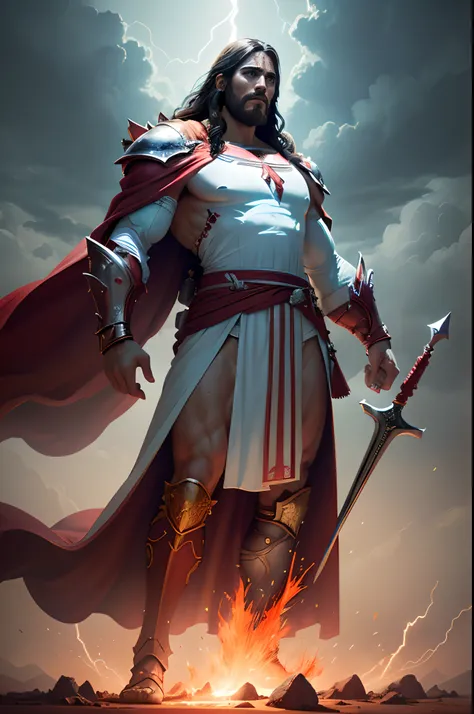 A digital illustration of Jesus as an epic warrior, standing tall, lightning, wearing simple white and red robes, red blood stain, red stains, red blood, glowing face, superhuman, Strong, Muscular physique, riding a cloud.