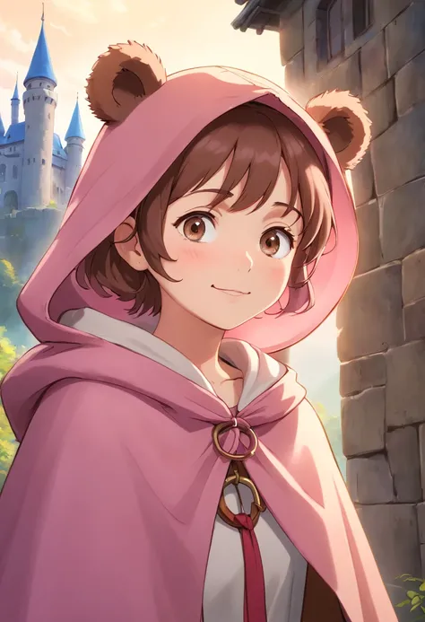 masterpiece, ultra detailed, 8K Portrait, Raw photo, a portrait photo of, Highly detailed face, beautiful and meticulous eyes, ((Fantasy)), 7 year old girl, Light brown short hair, Kind face, Cute smile, adventurer, (((Little bear child ear attached Hooded...