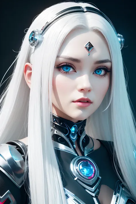 close up of woman with long white hair in black and silver costume, cyborg - girl with silver hair, beautiful white girl cyborg,...