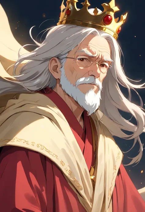 (((((male))))), masterpiece, ultra detailed, 8K Portrait, Raw photo, a portrait photo of, Highly detailed face, ((Fantasy)), (((old man))), (((king))), ((crown)), wears a lot of jewelry, white long wavy hair, strong beard, (((gold silk long cloak))) Flutte...