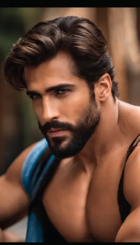 (La mejor calidad,8k,realista),Hombre guapo,barba abundante,machista,ojos azules,brown hair,good muscles,cuerpo entero,no camisa