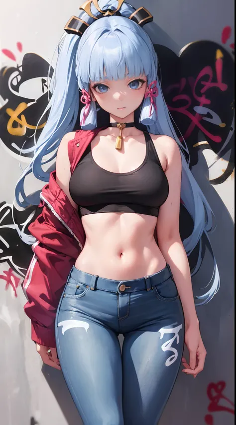 kamisato ayaka|genshin impact, master-piece, bestquality, 1girls,25 years old, proportional body, elongated legs, Beautiful, proportional., crop top, Long Jeans, mediuml breasts, ,bara, crop top, choker, (Graffiti:1.5), Splash with purple lightning pattern...