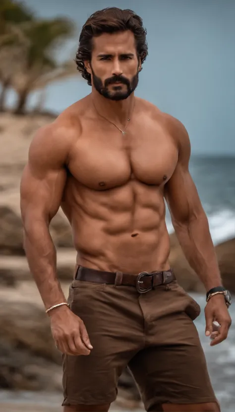 (La mejor calidad,8k,realista),Hombre guapo,barba abundante,machista,ojos azules,brown hair,good muscles,cuerpo entero,no camisa