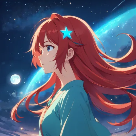 1 girl, red long hair, On the hair is a hairpin of the moon and stars, Cyan eyes, On the face is the sign of the moon and 2 stars, blue dress and blue shoes, On the neck is a pendant in the form of a star