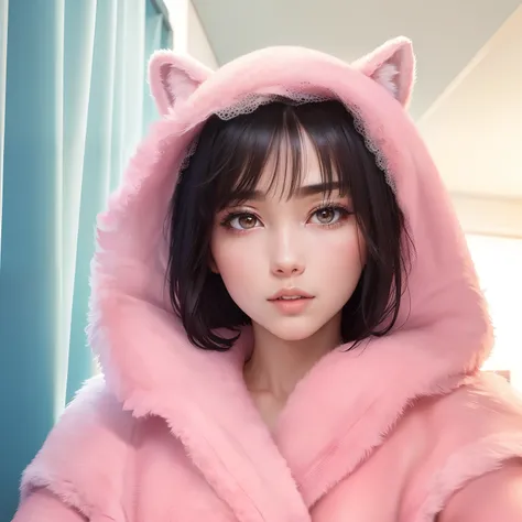 Absurd resolution, high resolution, (masterpiece: 1.4), hyper-detail, 1 young woman, short black hair, pink fur coat