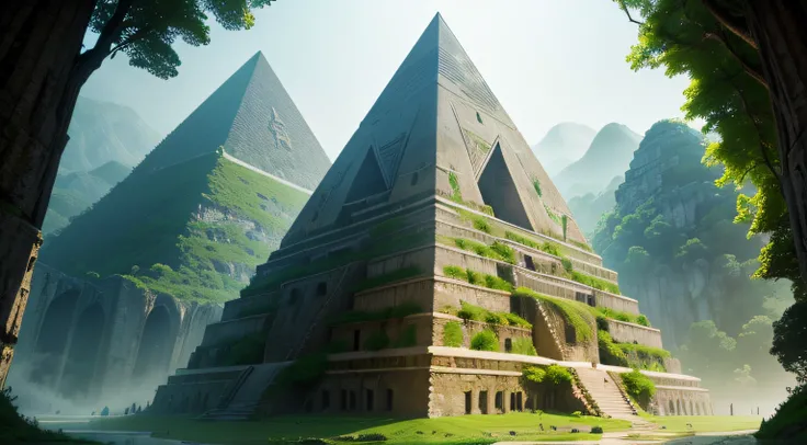 Explore the enigmatic pyramid of Bosnia, a unique structure shrouded in mystery and surrounded by lush greenery. Rendered in a bold and modern style, this image will transport you to a world of ancient secrets and hidden treasures.