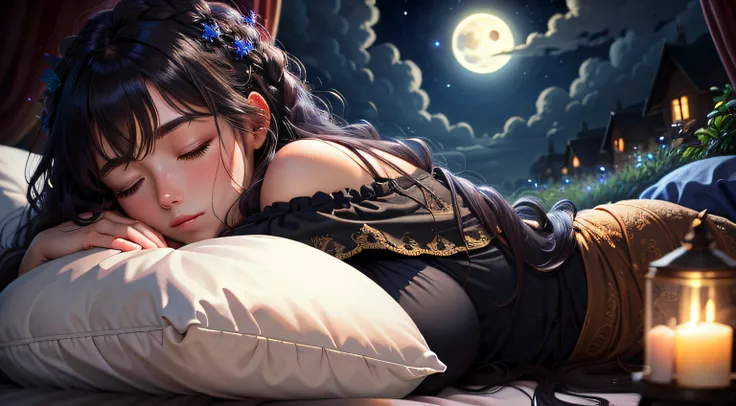 masterpiece, best quality, night, hill, clouds, full moon, long hair, woman sleeping on mattress hugging pillow, silhouette, fireflies,diaphragm.