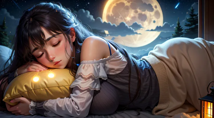 masterpiece, best quality, night, hill, clouds, full moon, long hair, woman sleeping on mattress hugging pillow, silhouette, fireflies,diaphragm.