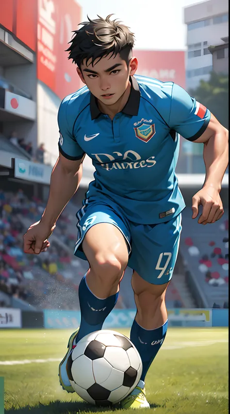 (Best quality,A high resolution,Ultra-detailed,Realistic:1.2),2023 Asian Games,soccer player,（Promotional advertising）。