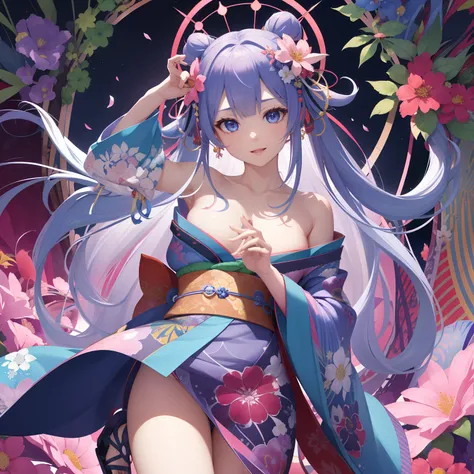 (absurderes、hight resolution、ultra-detailliert)、1girl in、Beautiful woman、Pink twin-tailed hair、length hair、Blue eyes、Red kimono、finely eye and detailed face、the Extremely Detailed CG Unity 8K Wallpapers、intricate-detail、BREAK、kaleidoscopic imagery、Symmetri...