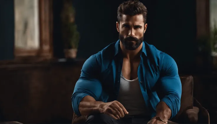 (La mejor calidad,8k,realista),Hombre guapo,barba abundante,machista,ojos azules,brown hair,good muscles,abdominales bien marcados y perfectos,cuerpo entero,sincamisa