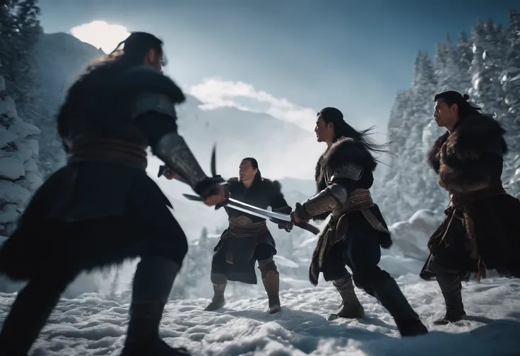 Super wide angle shot, POV, a male warrior fighting on a group of soldiers, black mech, long hair, two swords, Chinese fairy tale, martial arts style, snow scene, motion painter, breathtaking moment, Vray, Unreal Engine 5, film lighting, particles, bokeh, ...