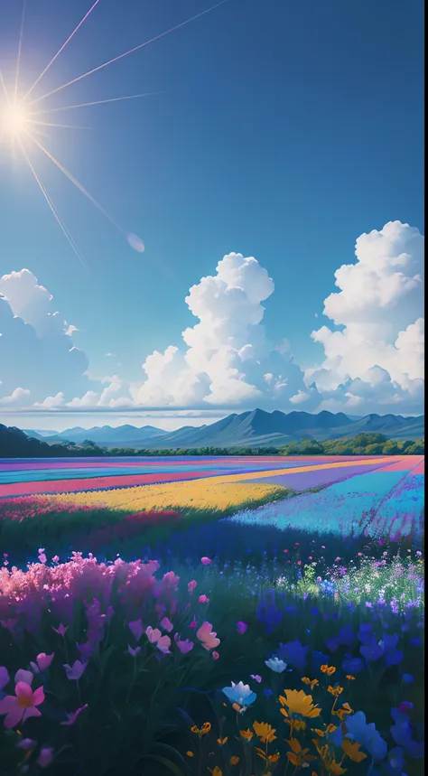 vibrant blue tinted colors, skyscraper, highly saturated colors, Fujifilm Fujichrome Provia 100F film, flower field, purity and dreamy symbolism, (muted colors:1.2), (photon mapping), octane render + hyper realistic, storage, (8k), hdr, sunny,