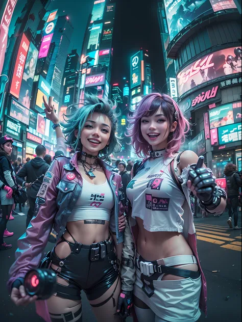 ((2 cyberpunk girls wearing harajuku tech outfits), (fisheye lens), selfie, cowboy shot, wind, messy hair, cyberpunk cityscape, ...