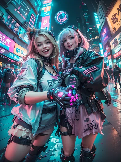 ((2 cyberpunk girls wearing Harajuku tech outfits), (fisheye lens), selfie, cowboy shot, wind, messy hair, cyberpunk cityscape, (aesthetics and atmosphere:1.2),smiling, laughing