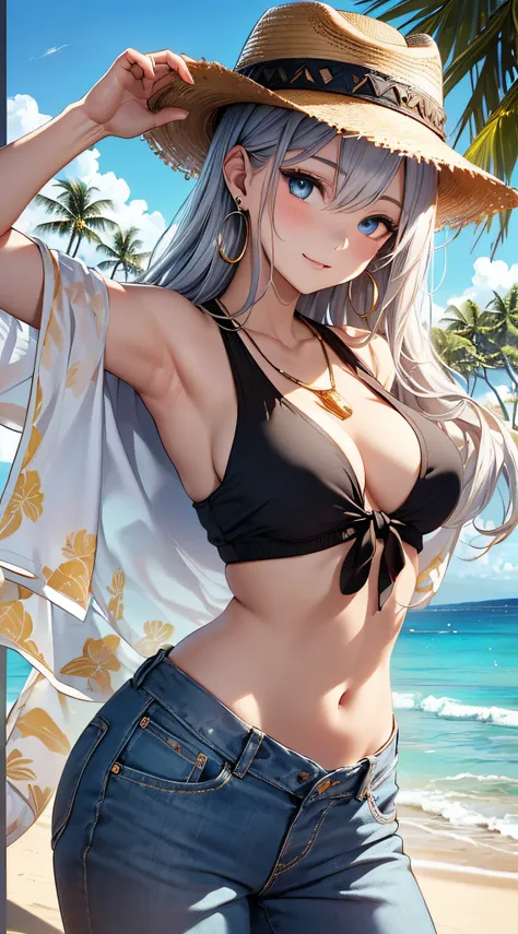 top-quality、Top image quality、​masterpiece、girl with((18year old、 Beautiful Aloha Shirts、White navel tank top、Black vest、Blue long trousers、Best Bust、Bust 85、a blond、Semi-long、Cowboy Hat、Blue eyes、open chest wide、Valley、Happiness、A slender、Shy face、Gold Ea...