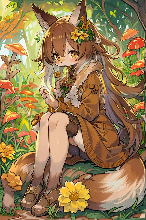 Fox, (Monster Girl), long brown ears with a dark brown inside,,,, brown fur, Sunburned neck fluff, brown fluffy tail with a yellow-brown tip,,,, Big brown eyes, wearing modest clothing, Sitting in the flower garden, masutepiece, Best Quality、autumnal、mushr...