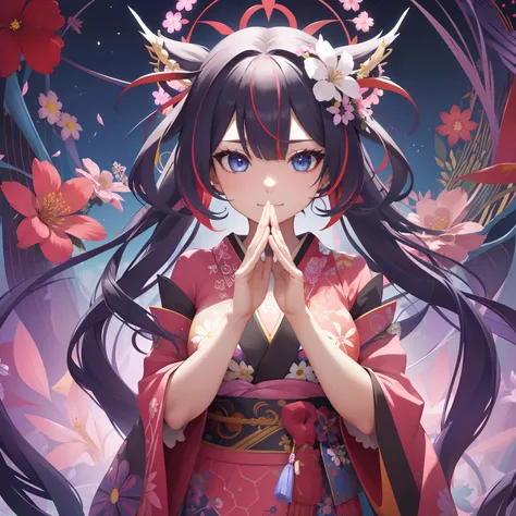 (absurderes、hight resolution、ultra-detailliert)、1girl in、Beautiful woman、Pink twin-tailed hair、length hair、Blue eyes、Red kimono、finely eye and detailed face、the Extremely Detailed CG Unity 8K Wallpapers、intricate-detail、BREAK、kaleidoscopic imagery、Symmetri...