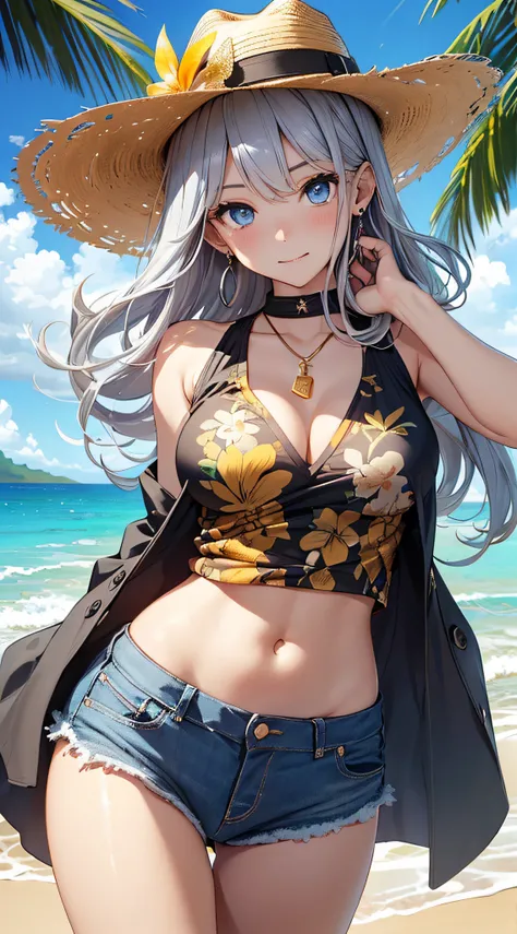 top-quality、Top image quality、​masterpiece、girl with((18year old、 Beautiful Aloha Shirts、White navel tank top、Black vest、Blue long trousers、Best Bust、Bust 85、a blond、Semi-long、Cowboy Hat、Blue eyes、open chest wide、Valley、Happiness、A slender、Shy face、Gold Ea...