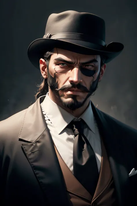 mafia man with masked, mafia theme, dark light setting, portrait face, realistic face with long beard and mustache